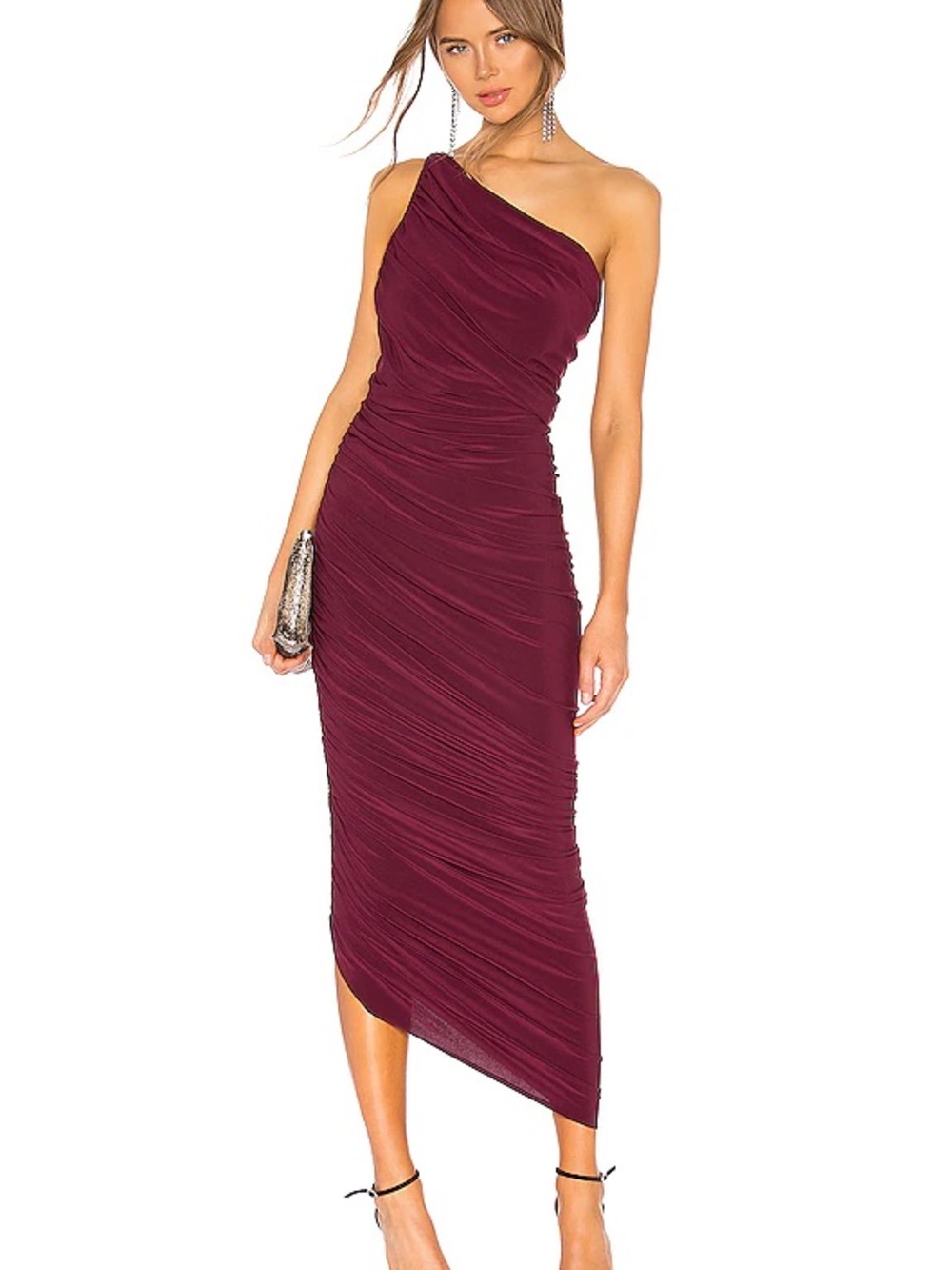 Norma Kamali Diana Gown Plum One Shoulder Ruched Asymmetrical Midi Dress Small